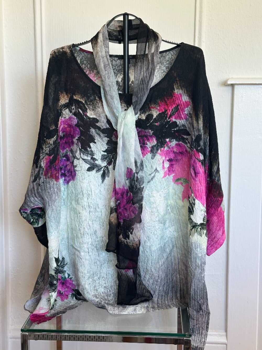 Draped Floral Sheer Blouse + Scarf Overlay | Lagenlook Asymmetrical Top